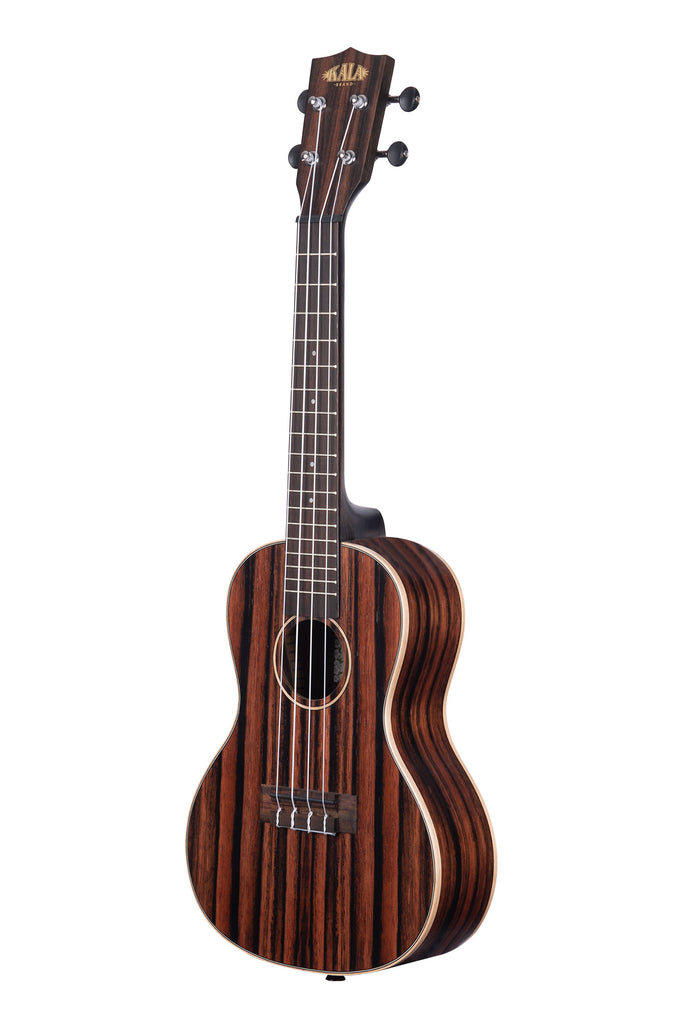 A Striped Ebony Concert Ukulele shown at a left angle