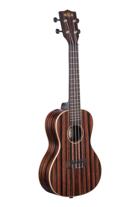 A Striped Ebony Concert Ukulele shown at a right angle