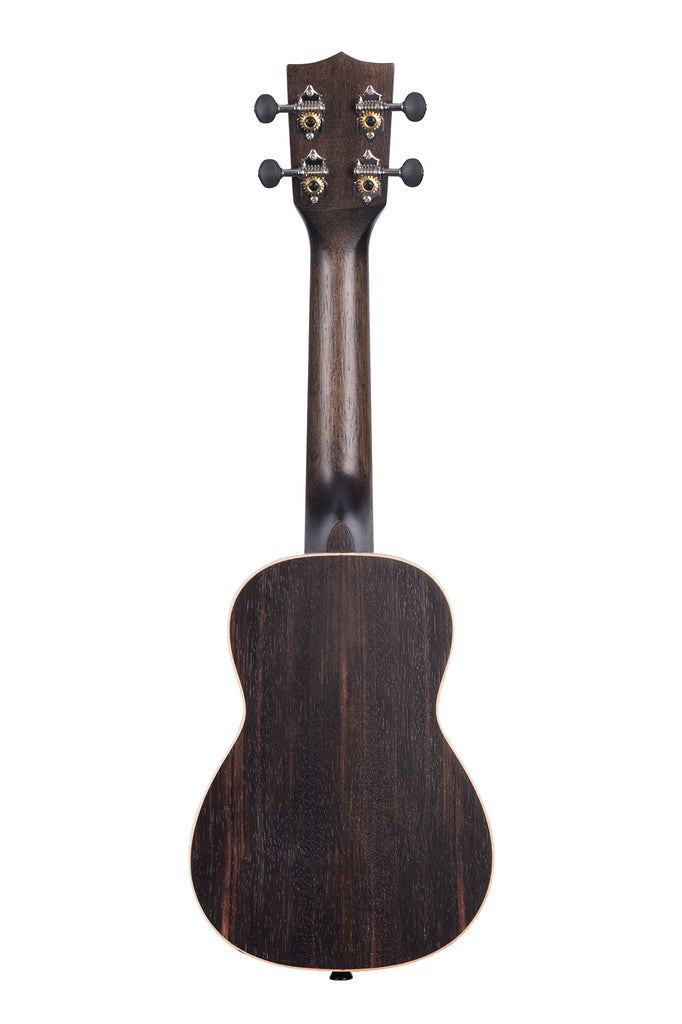 A Striped Ebony Soprano Ukulele shown at a back angle