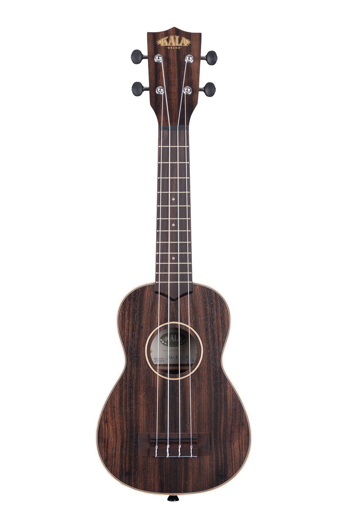 A Striped Ebony Soprano Ukulele shown at a front angle