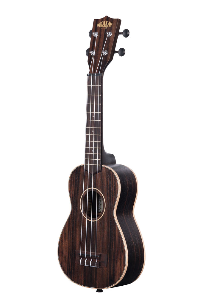 A Striped Ebony Soprano Ukulele shown at a left angle