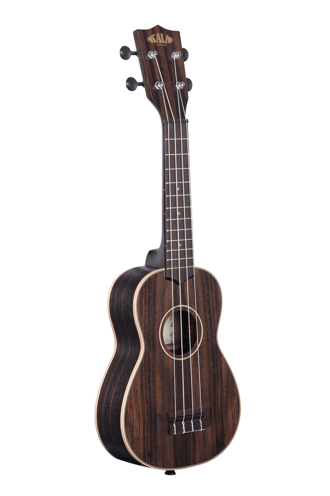 A Striped Ebony Soprano Ukulele shown at a right angle