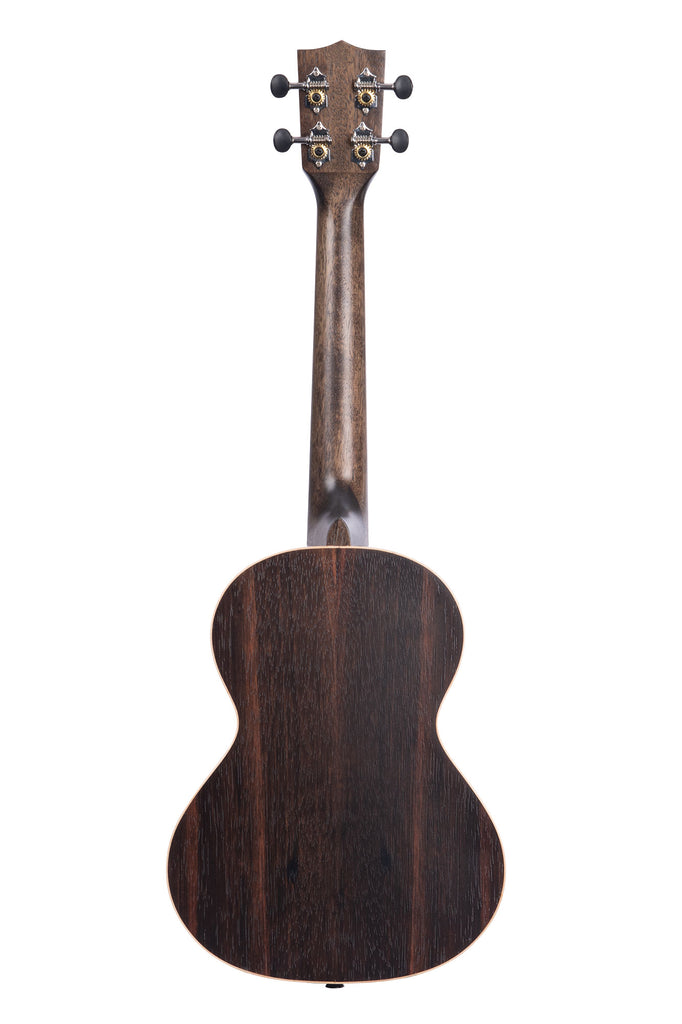 A Striped Ebony Tenor Ukulele shown at a back angle