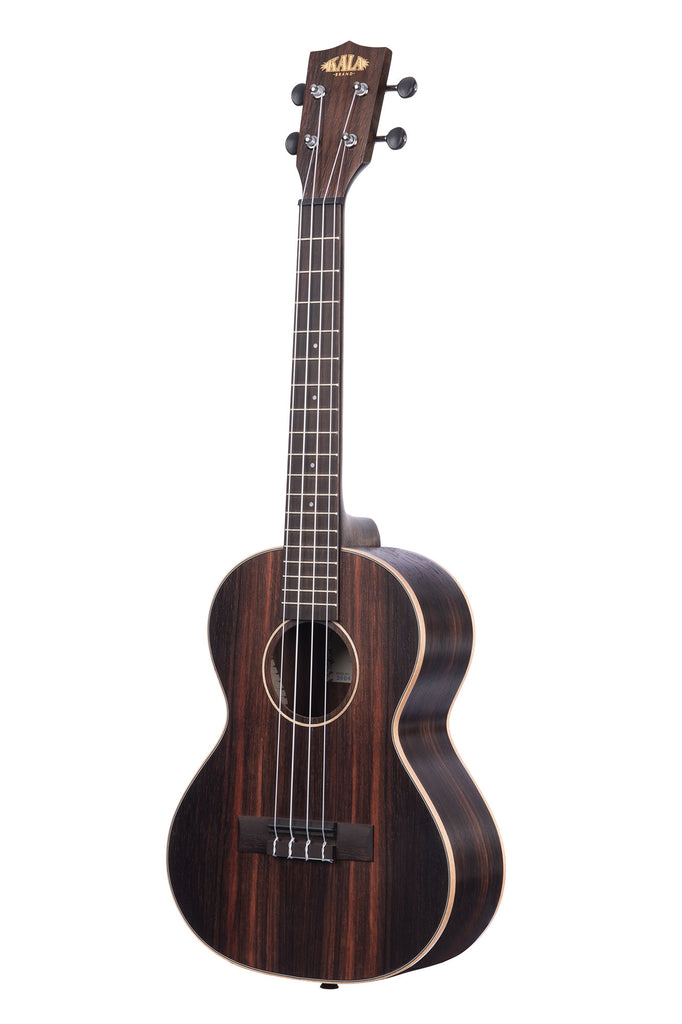 A Striped Ebony Tenor Ukulele shown at a left angle