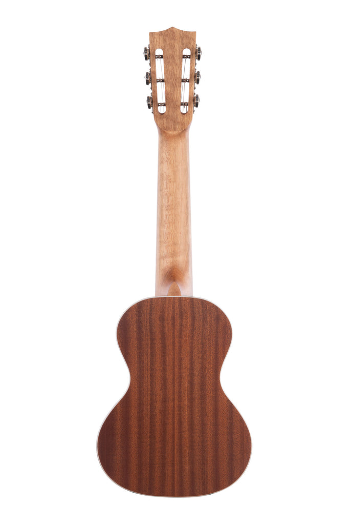 A Mahogany Guitarlele shown at a back angle
