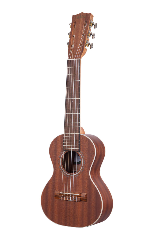 A Mahogany Guitarlele shown at a left angle