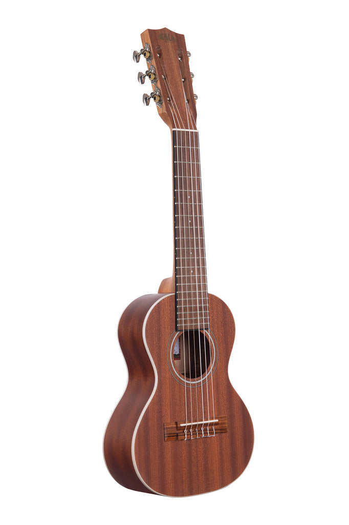 A Mahogany Guitarlele shown at a right angle