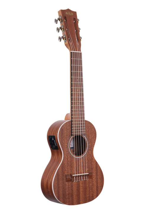 A Mahogany Guitarlele W/EQ shown at a right angle