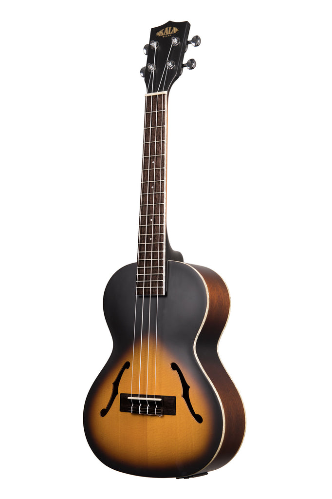 A Archtop Sunburst Tenor Ukulele w/ EQ shown at a left angle
