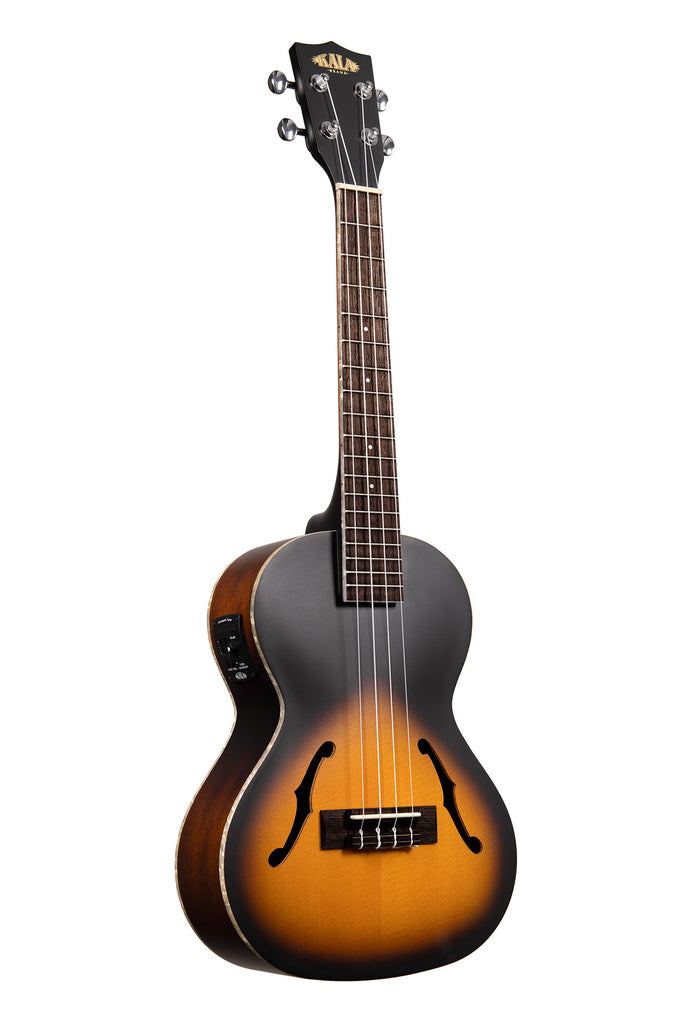 A Archtop Sunburst Tenor Ukulele w/ EQ shown at a right angle