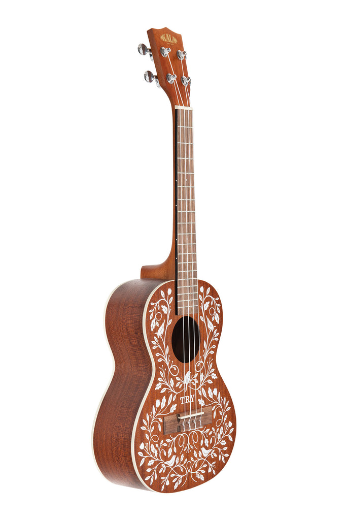 A Mandy Harvey Learn To Play Signature Series Tenor Ukulele shown at a right angle