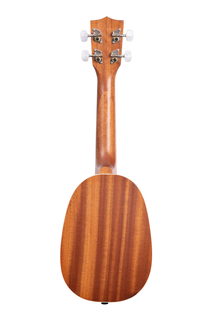 A Satin Mahogany Soprano Pineapple Ukulele shown at a back angle
