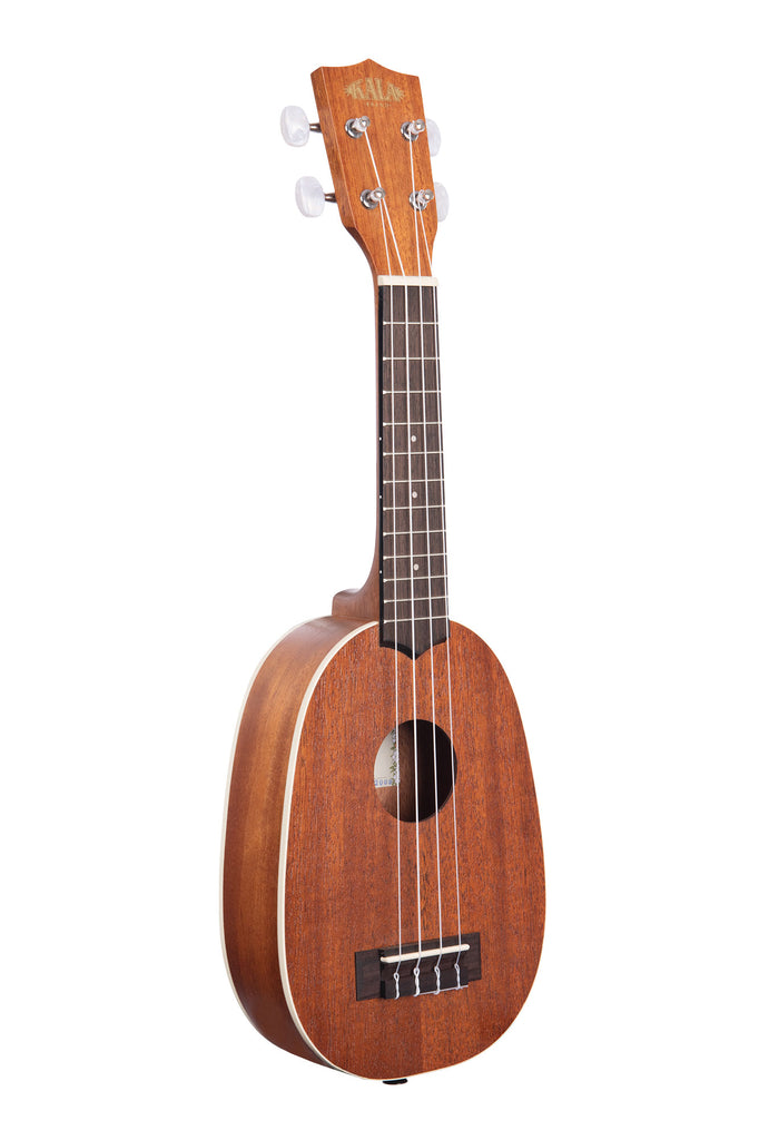 A Satin Mahogany Soprano Pineapple Ukulele shown at a right angle