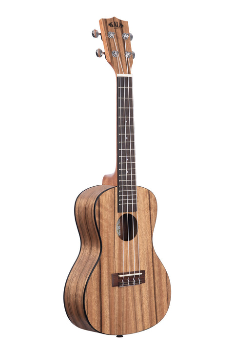 A Left-Handed Pacific Walnut Concert Ukulele shown at a right angle