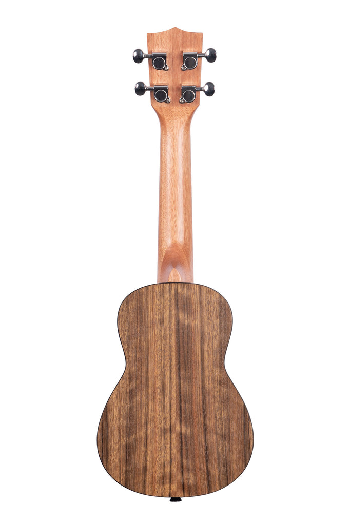 A Pacific Walnut Soprano Ukulele shown at a back angle