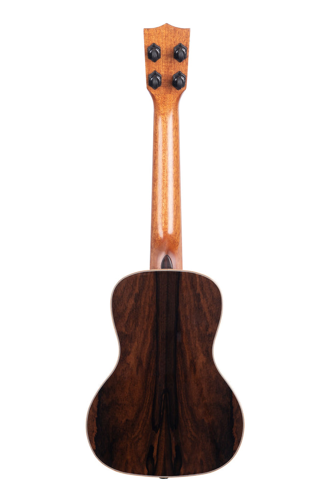 A Premier Exotic Ziricote Concert Ukulele shown at a back angle