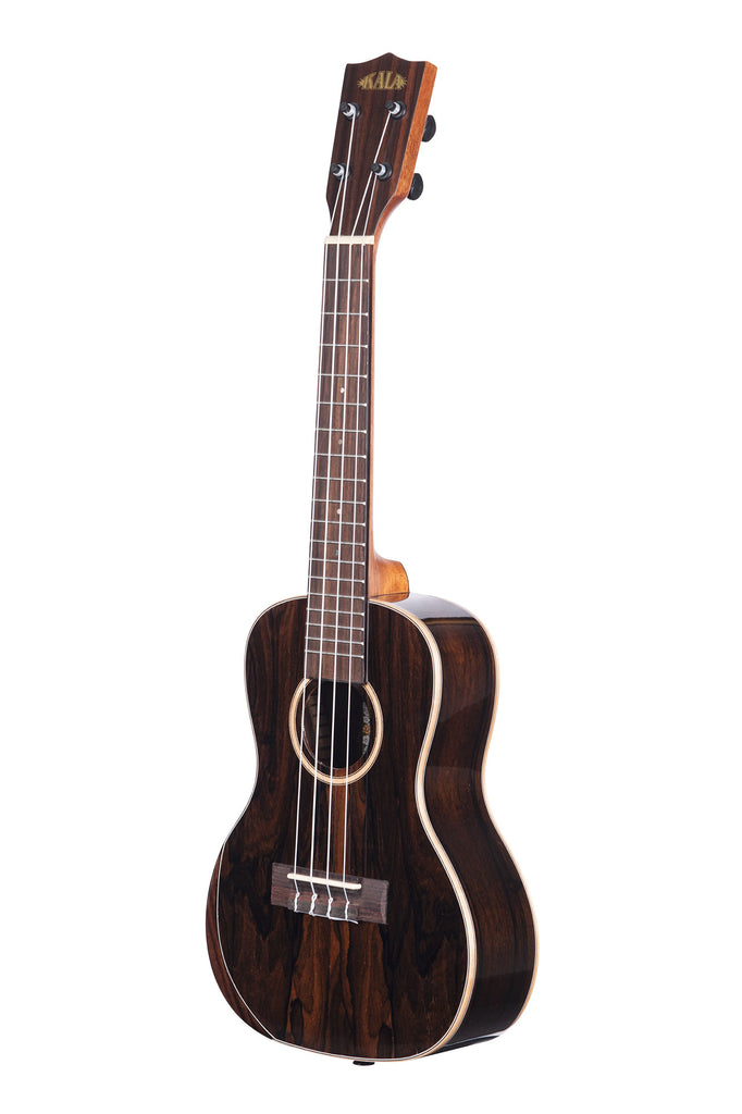 A Premier Exotic Ziricote Concert Ukulele shown at a left angle