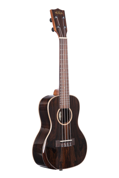 A Premier Exotic Ziricote Concert Ukulele shown at a right angle