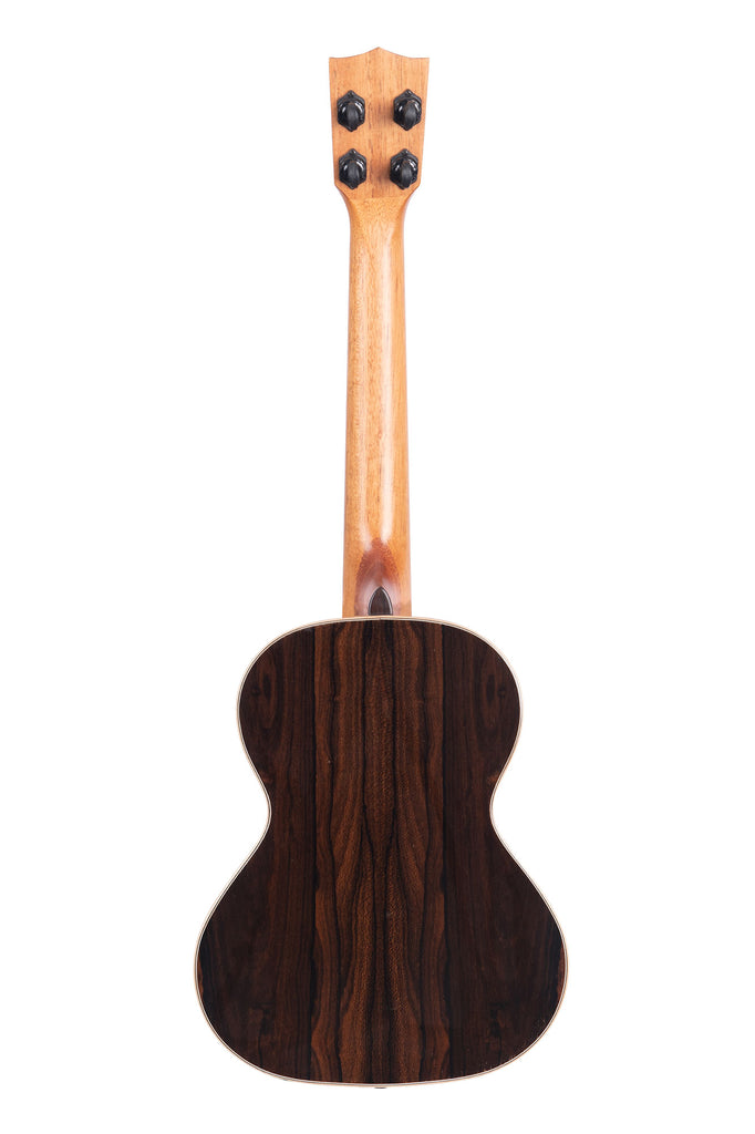 A Premier Exotic Ziricote Tenor Ukulele shown at a back angle