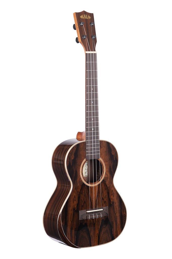 A Premier Exotic Ziricote Tenor Ukulele shown at a right angle