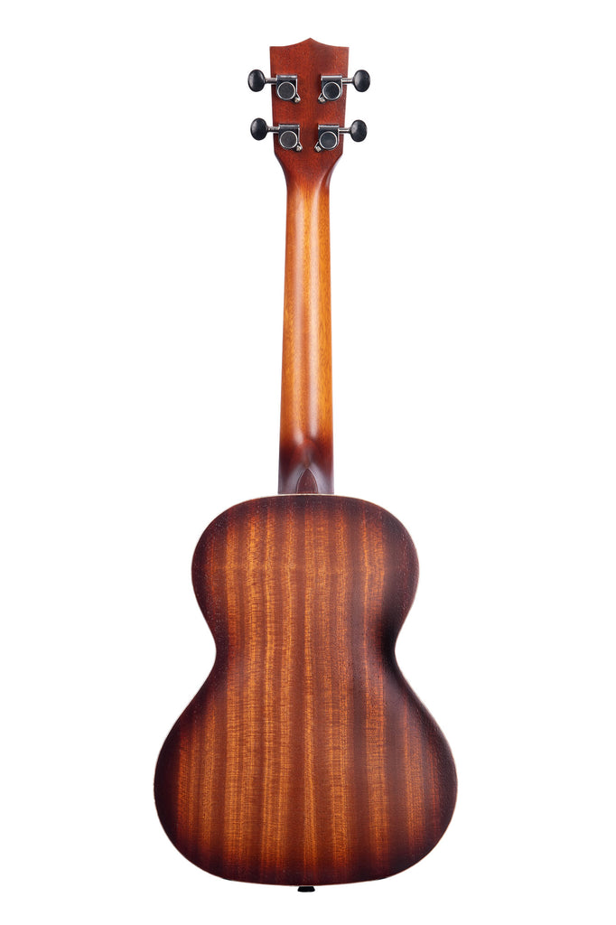 A Resonator Brass Tenor Ukulele shown at a back angle