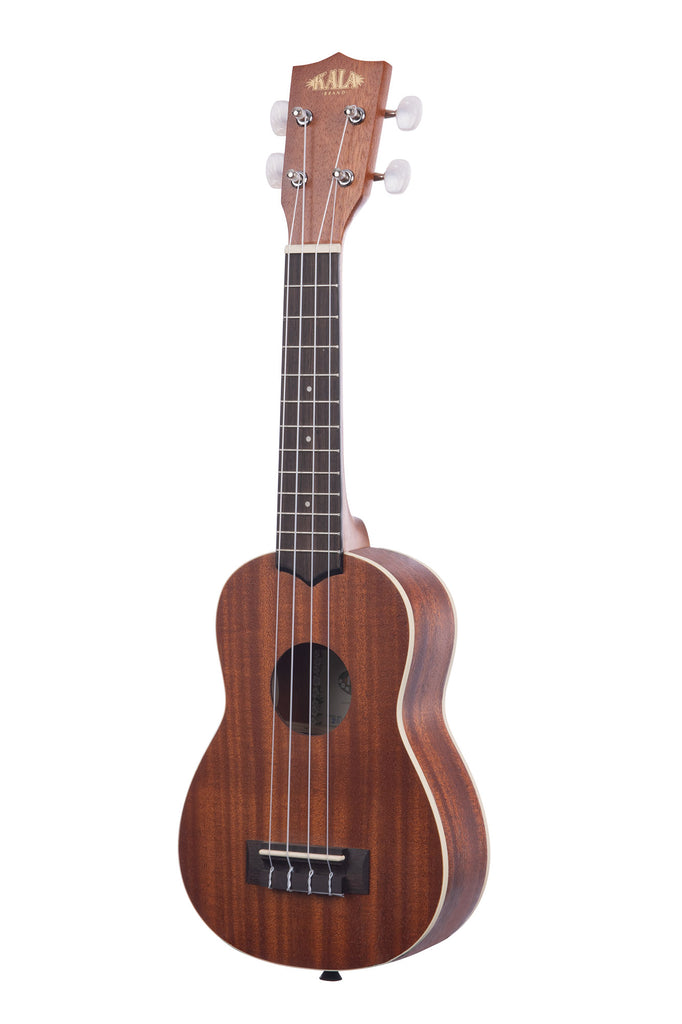 A Satin Mahogany Soprano Ukulele shown at a left angle