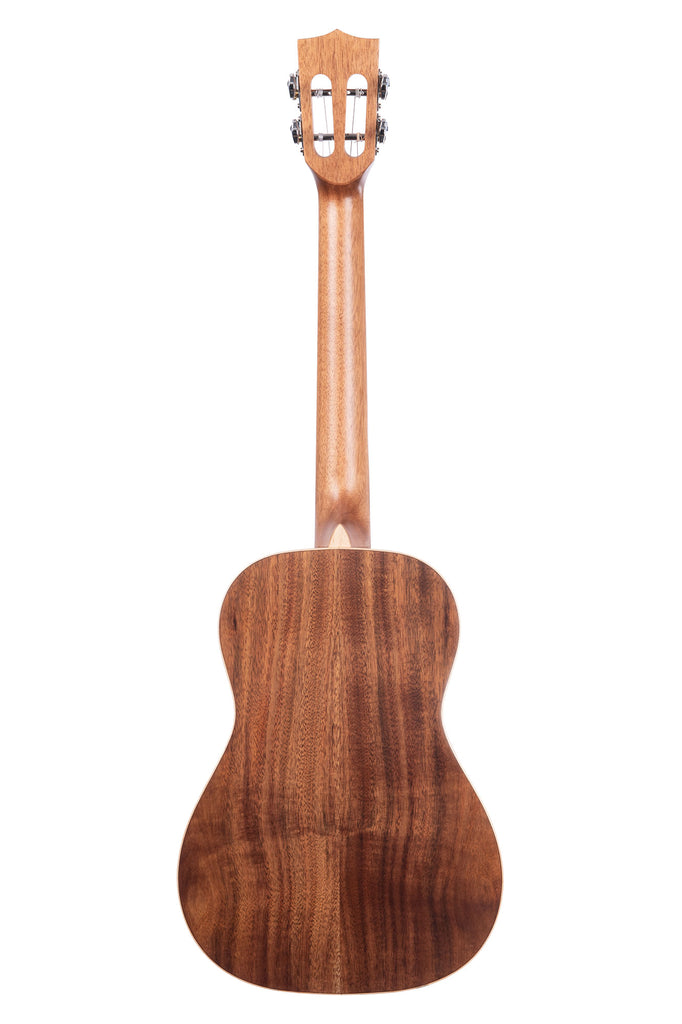 A Solid Acacia Baritone Ukulele shown at a back angle