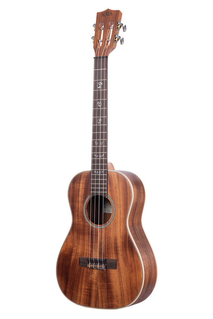 A Solid Acacia Baritone Ukulele shown at a left angle