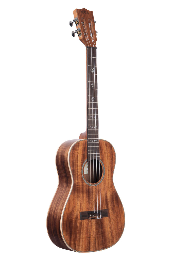 A Solid Acacia Baritone Ukulele shown at a right angle