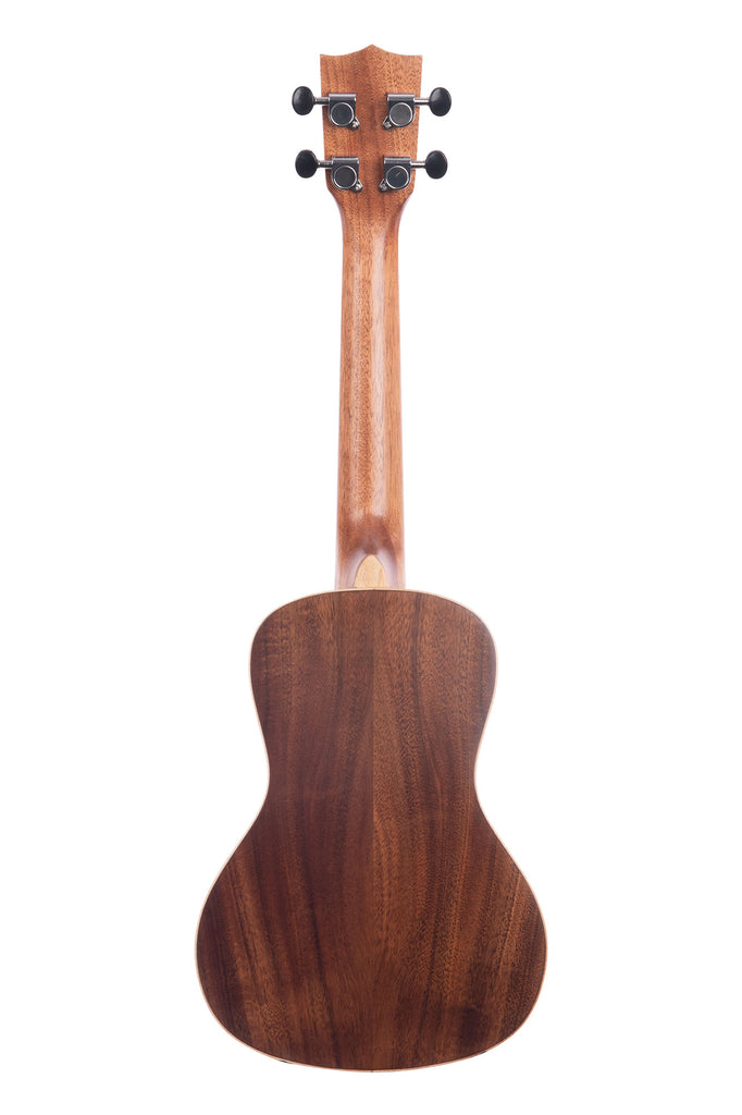 A Solid Acacia Concert Ukulele shown at a back angle