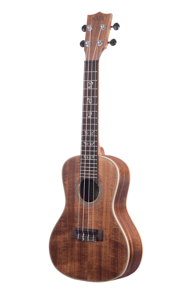 A Solid Acacia Concert Ukulele shown at a left angle