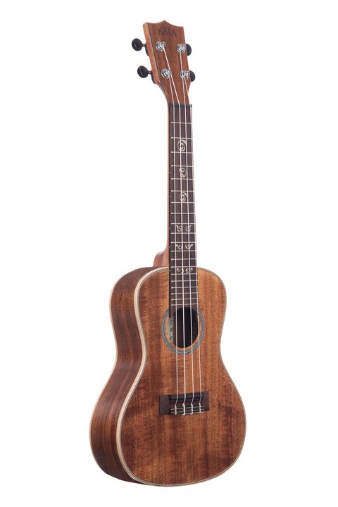 A Solid Acacia Concert Ukulele shown at a right angle