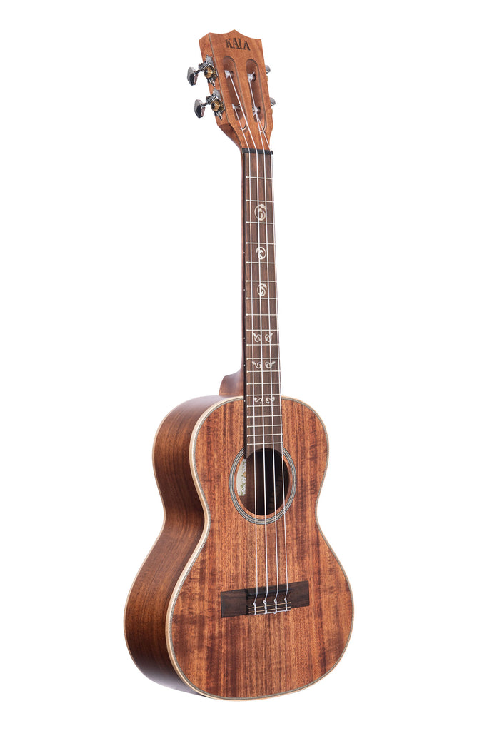 A Solid Acacia Tenor Ukulele shown at a right angle