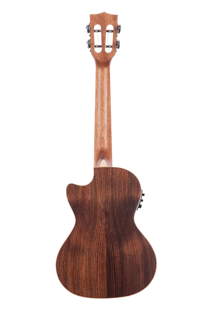 A Solid Acacia Tenor Ukulele w/ Cutaway & EQ shown at a back angle