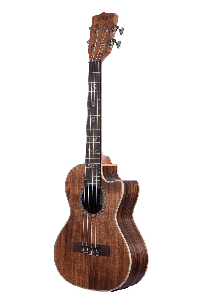 A Solid Acacia Tenor Ukulele w/ Cutaway & EQ shown at a left angle