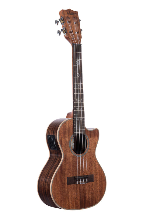 A Solid Acacia Tenor Ukulele w/ Cutaway & EQ shown at a right angle