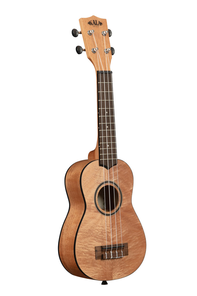 A Exotic Mahogany Soprano Ukulele shown at a right angle