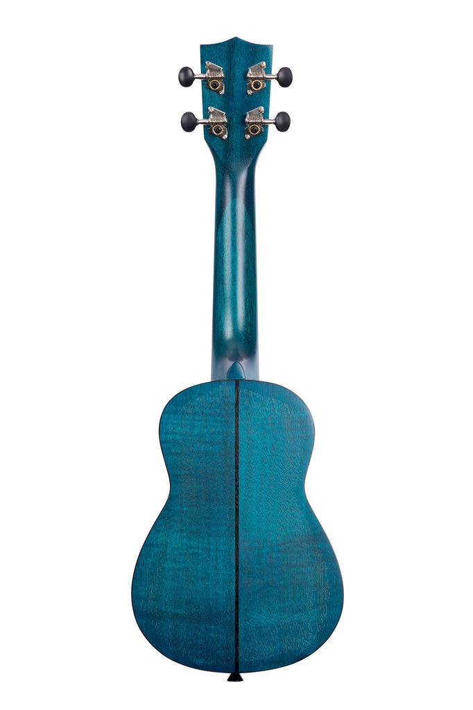 A Blue Exotic Mahogany Soprano Ukulele shown at a back angle