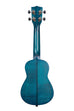 A Blue Exotic Mahogany Soprano Ukulele shown at a back angle