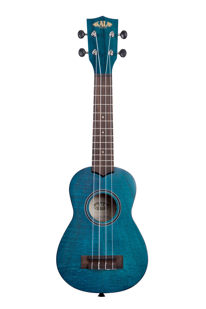 A Blue Exotic Mahogany Soprano Ukulele shown at a front angle