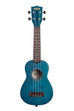 A Blue Exotic Mahogany Soprano Ukulele shown at a front angle