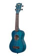 A Blue Exotic Mahogany Soprano Ukulele shown at a left angle