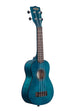 A Blue Exotic Mahogany Soprano Ukulele shown at a right angle