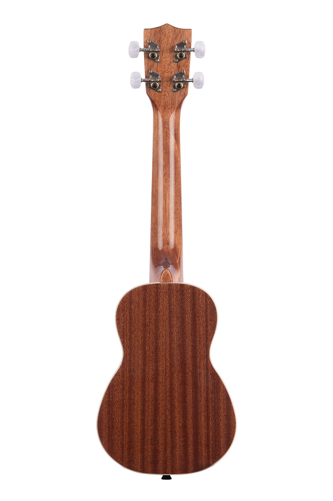 A Gloss Mahogany Long Neck Soprano Ukulele shown at a back angle