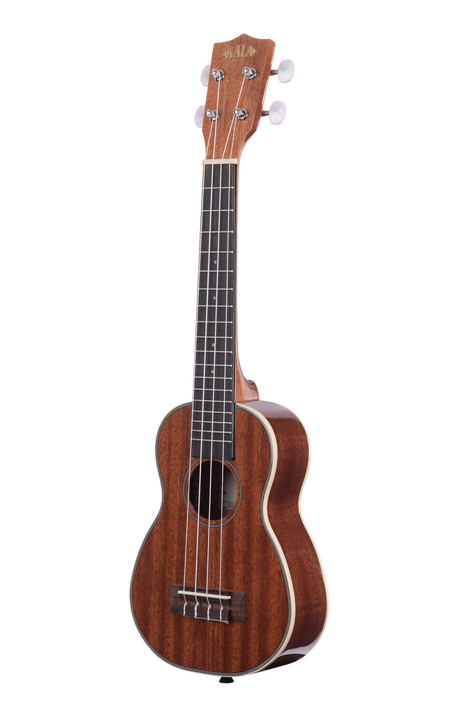 A Gloss Mahogany Long Neck Soprano Ukulele shown at a left angle