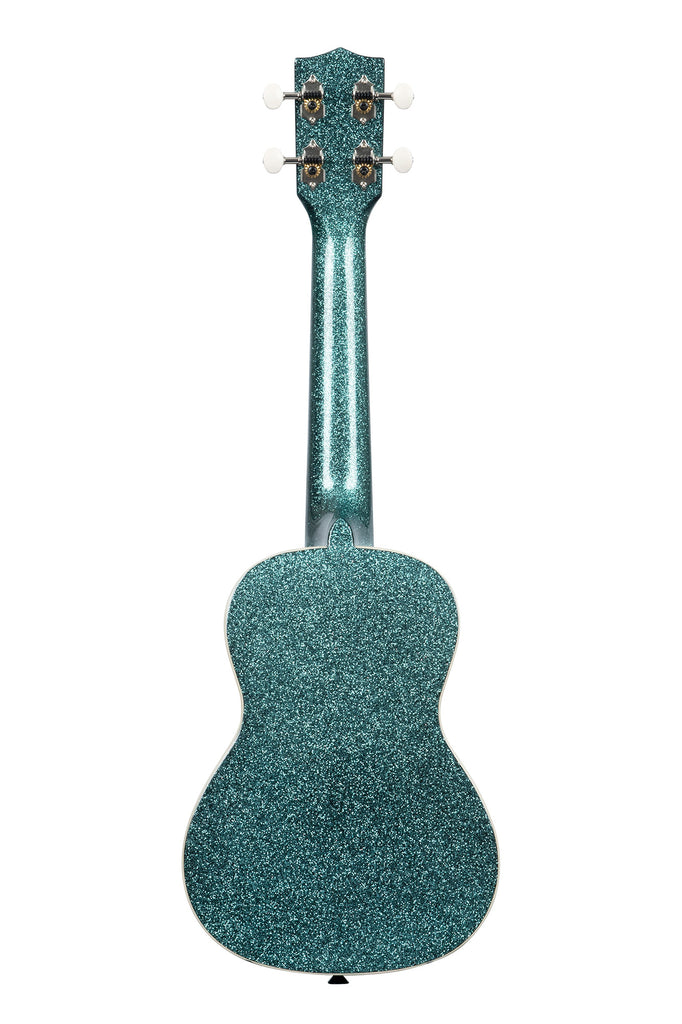 A Rhapsody in Blue Sparkle Concert Ukulele shown at a back angle
