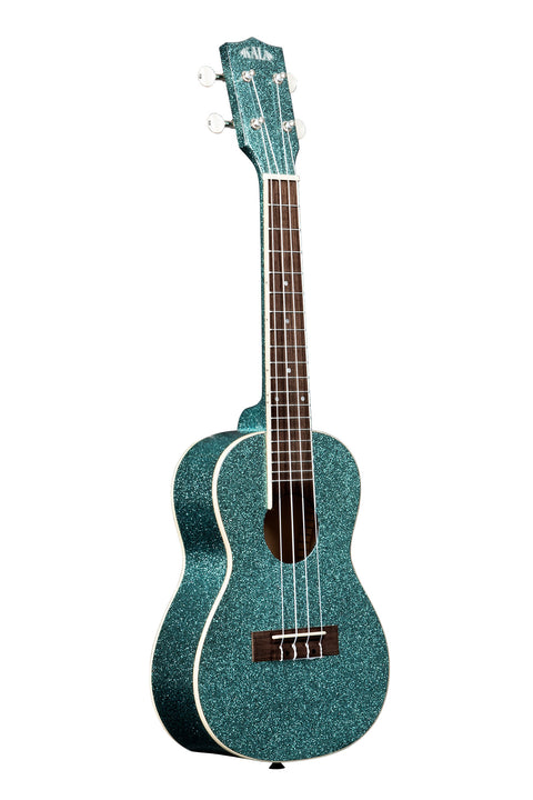 A Rhapsody in Blue Sparkle Concert Ukulele shown at a right angle