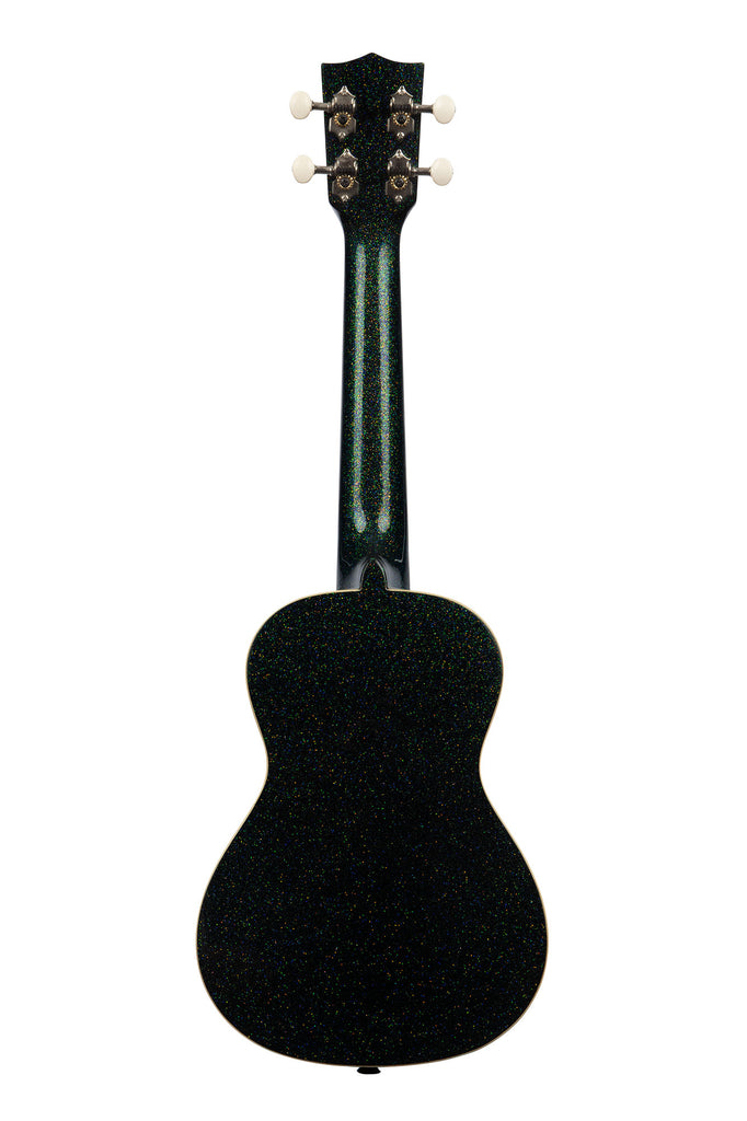 A Galaxy Black Sparkle Concert Ukulele shown at a back angle