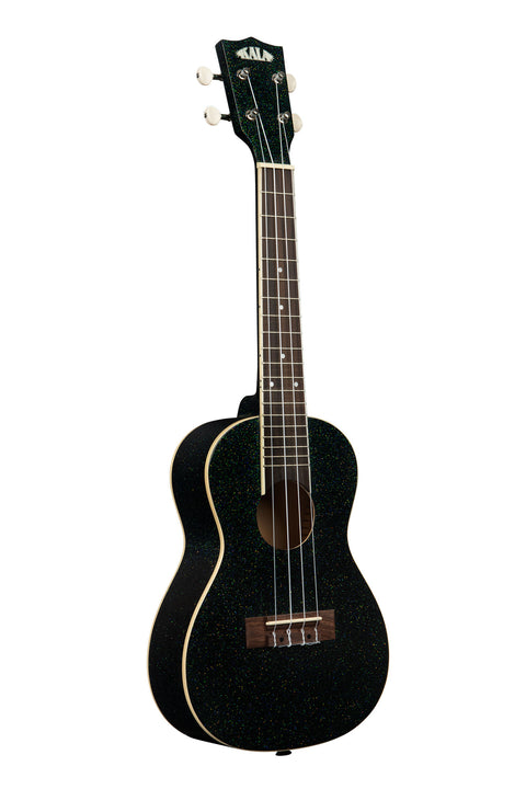 A Galaxy Black Sparkle Concert Ukulele shown at a right angle