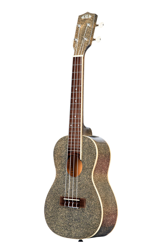 A Stardust Gold Sparkle Concert Ukulele shown at a left angle